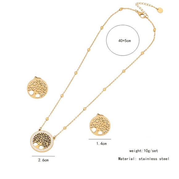 Tree Of Life Golden Necklace Earrings Set With Zirconia. Stainless Steel - Picture 6 of 10